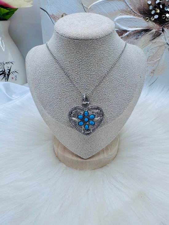 Jewelry - Silver-Tone Heart Pendant Necklace with Turquoise Blue Floral Stones